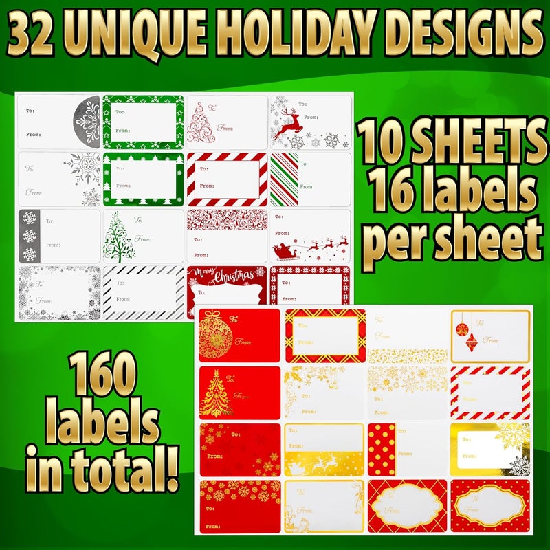 Solpla 160 Pack Christmas Name Tag Stickers Present with Gold & Silver Foil, 3"x2" 32 Assorted Patterns of to from Christmas Labels Gift for Kids, Adults, Family, Friends, and Business. - Image 2